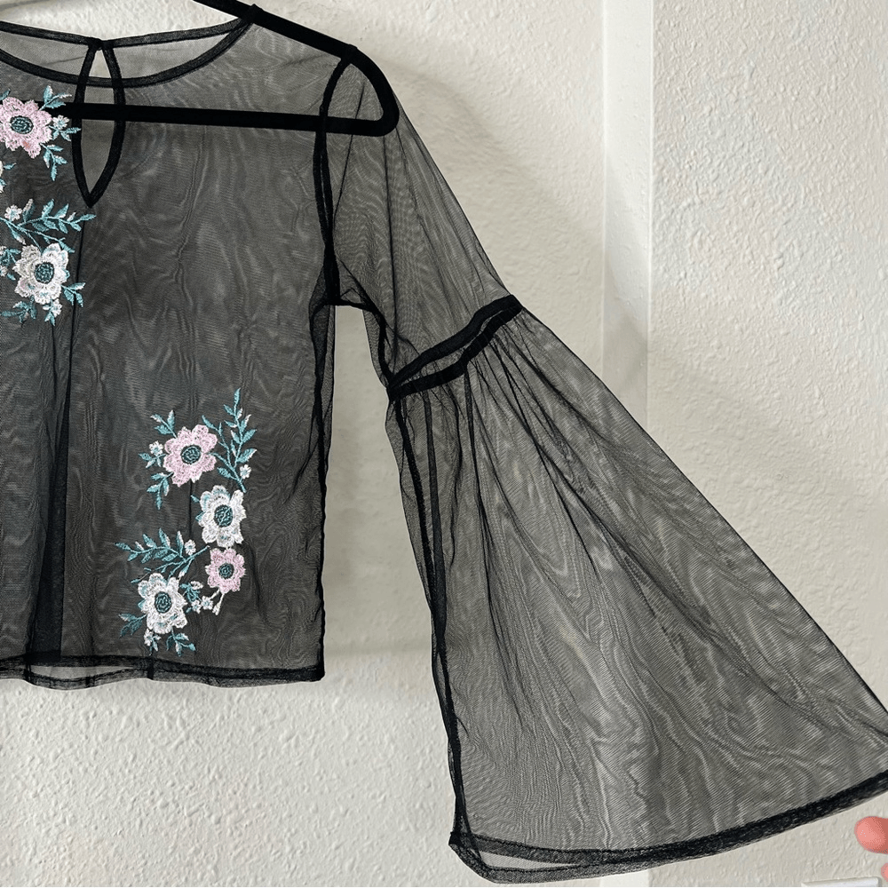 Embroidered Black Tulle Mesh Y2K Top Long Bell Sleeves 90s