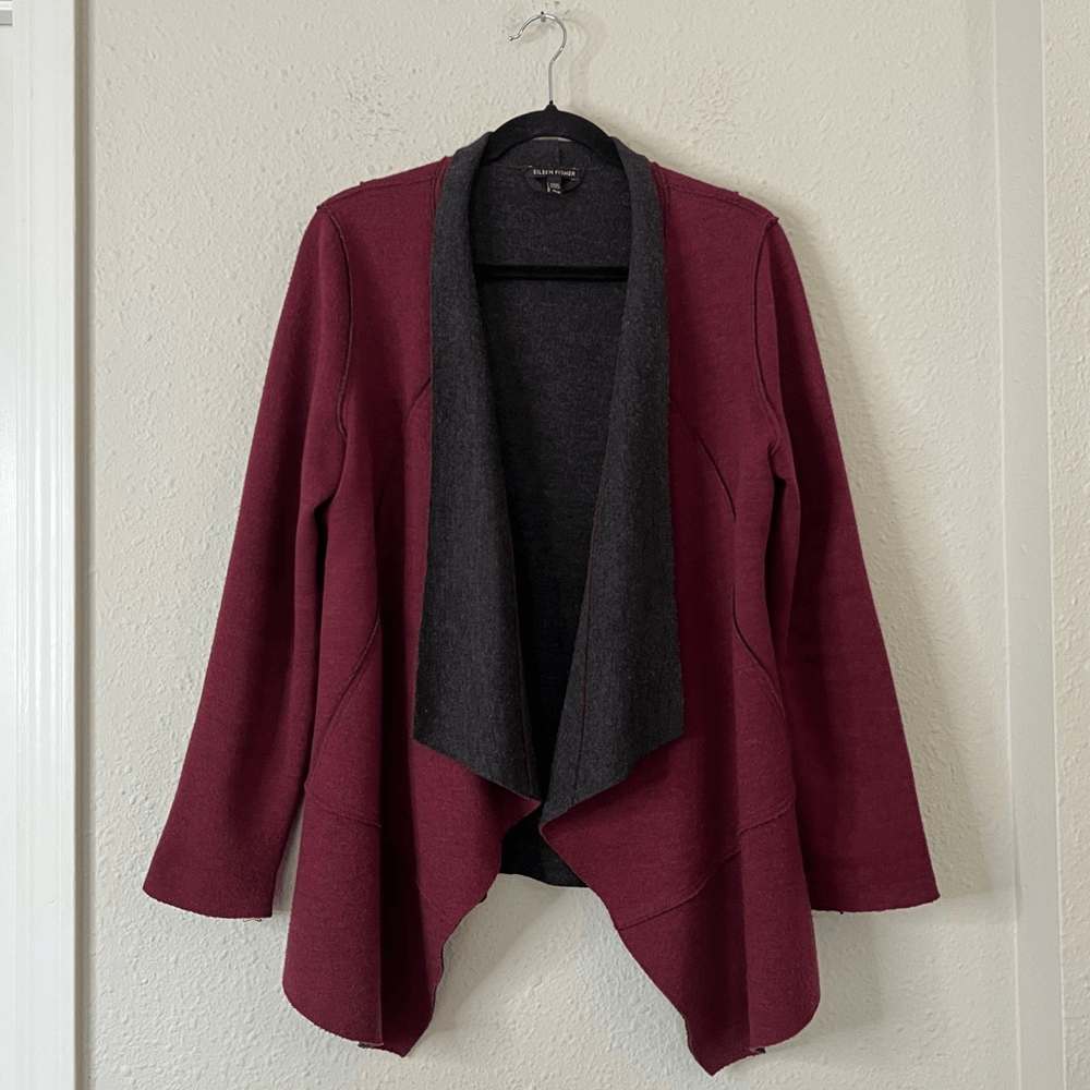 Eileen Fisher Burgundy Structured Moto Long Jacket Cardigan Medium Merino Wool