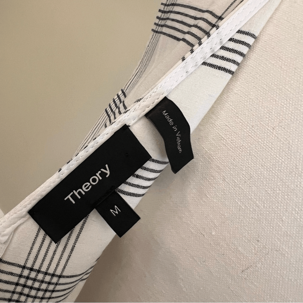 Theory Deep V Linen Blend Spring Plaid Midi Dress Size Medium in Ivory