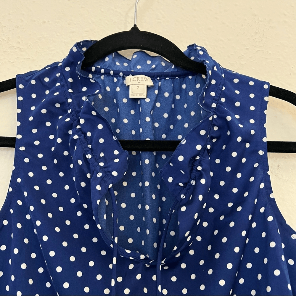 J. Crew Polka Dot Tie Ruffle Sleeveless Top Navy Blue Size 2