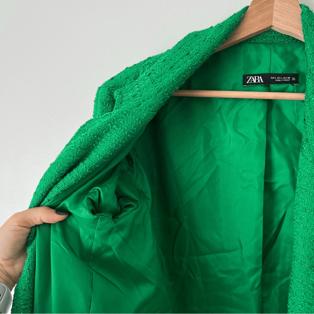 Zara Tweed Oversized Blazer Textured Double Breasted Size Large in Green Blogger