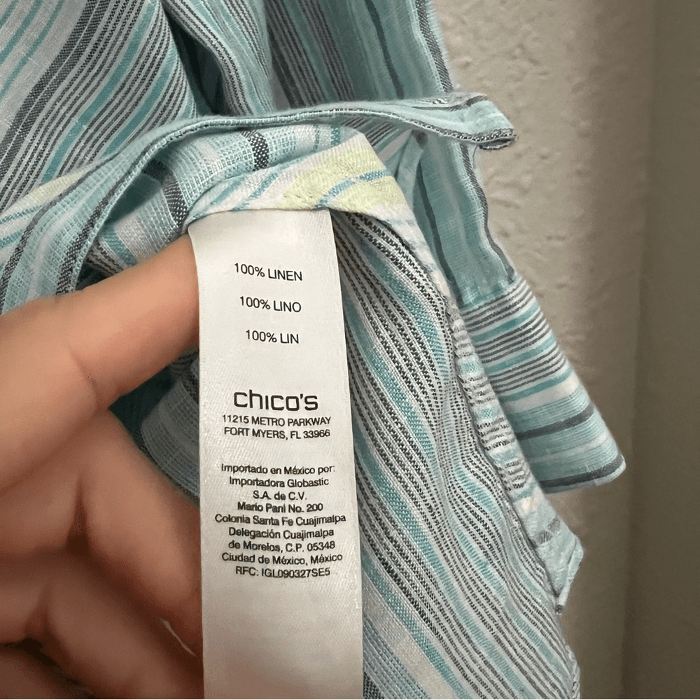 Chicos No Iron Striped 100% Linen Button Front Top Shirt Teal Blue White Size XL