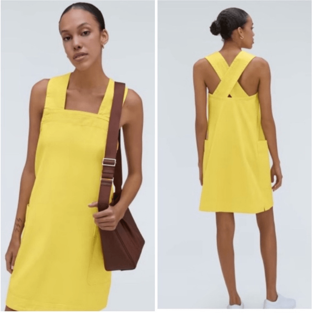 EVERLANE The Cross-Back Apron Mini Denim Dress Organic Cotton in Lemon Small