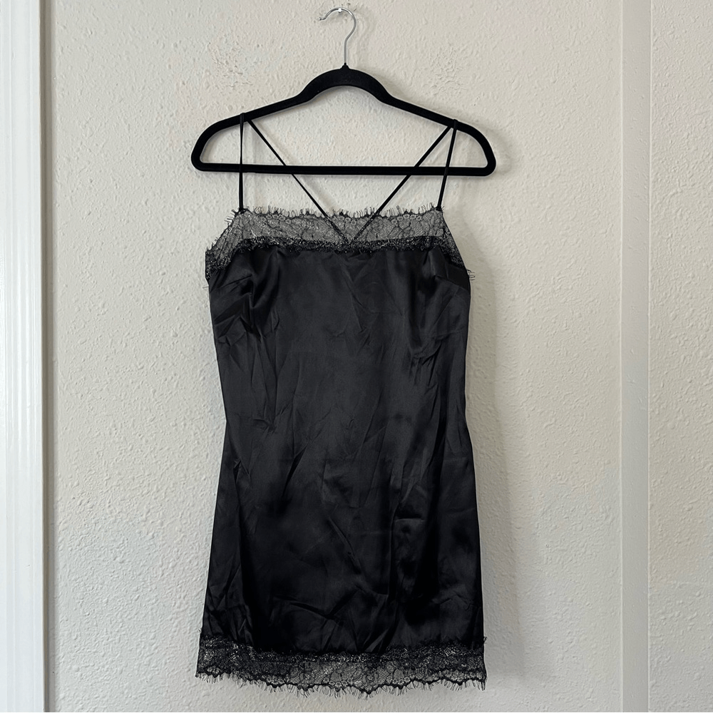 Meshki Satin Lace Trim Black Slip Mini Dress NEW Size Large