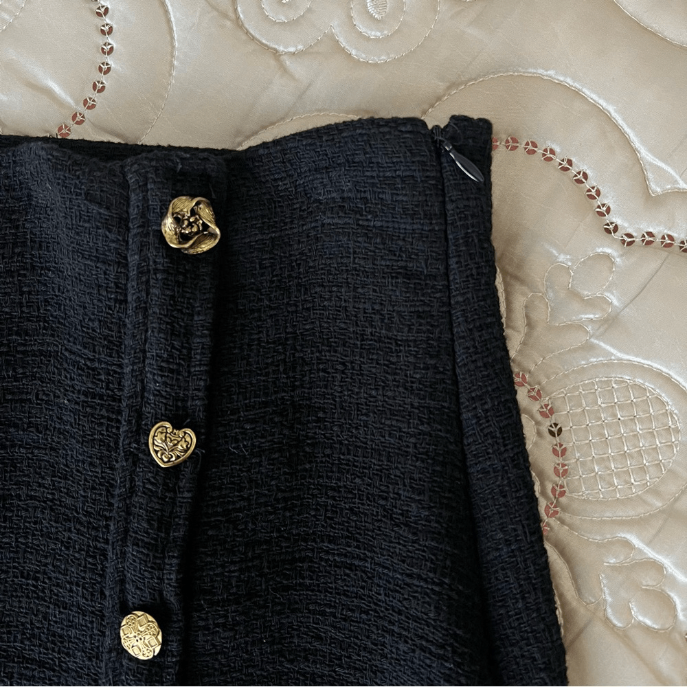 ZARA Textured Tweed Midi Skirt with Slit Gold Buttons NEW Size XL