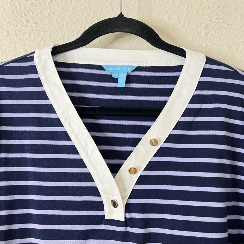 Draper James V-Neck Puff Sleeve Shirt in Nassau Navy Mariner Stripe Size XL