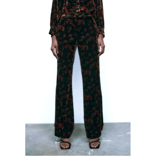 Zara The Charlotte Wide Leg Flare Floral Velvet Trouser  Pants Size Small