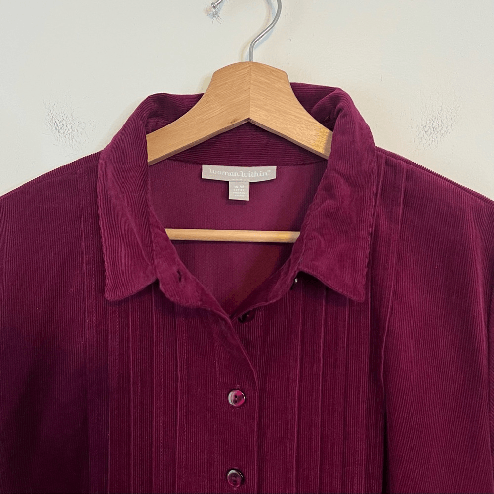 Woman Within Button Front Corduroy Midi Dress Size 16W Petite Purple Long Sleeve