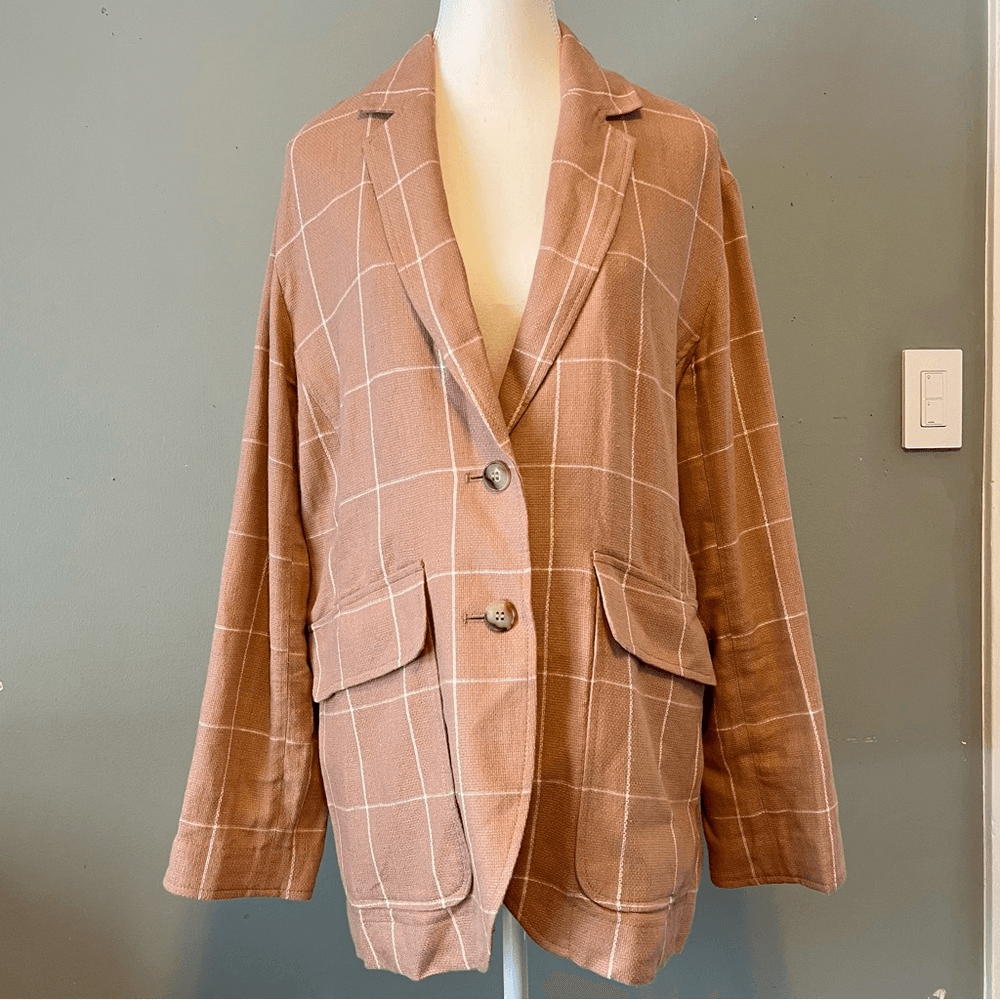 Madewell Breezewoven Larsen Linen Blazer Windowpane Plaid Sandstone Beige / Tan