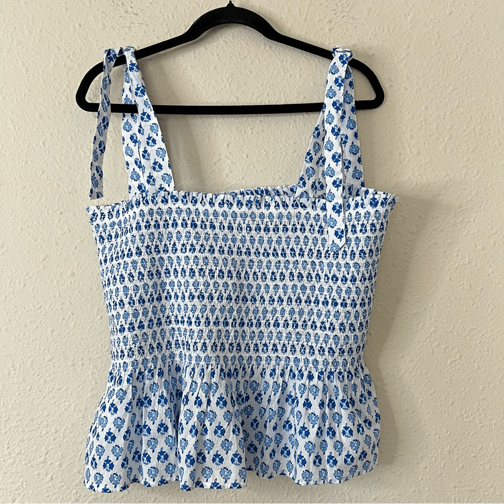 J. Crew Smocked Tie Shoulder Tank Top Floral in White and Blue NEW Size XL