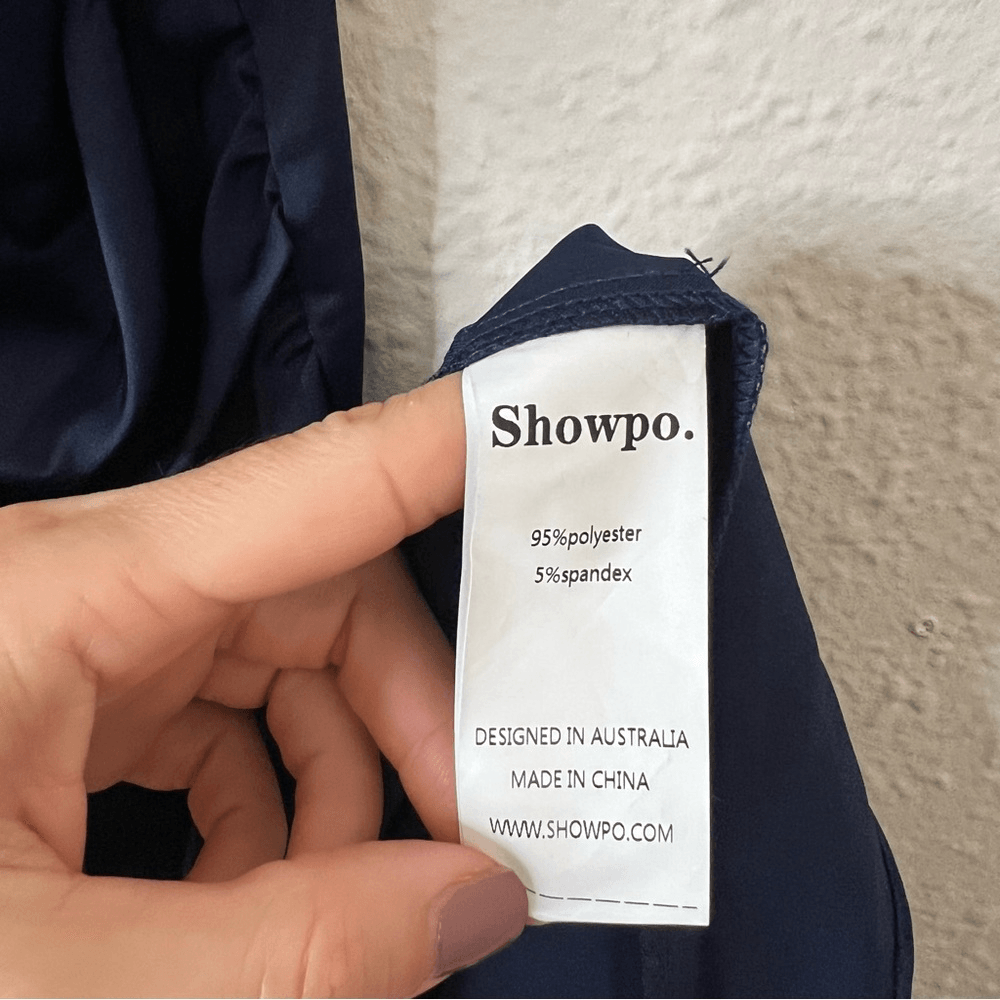 Showpo Lieselotte Midi Dress Ruched Front Split Cowl Neck Satin NEW Navy Blue 14