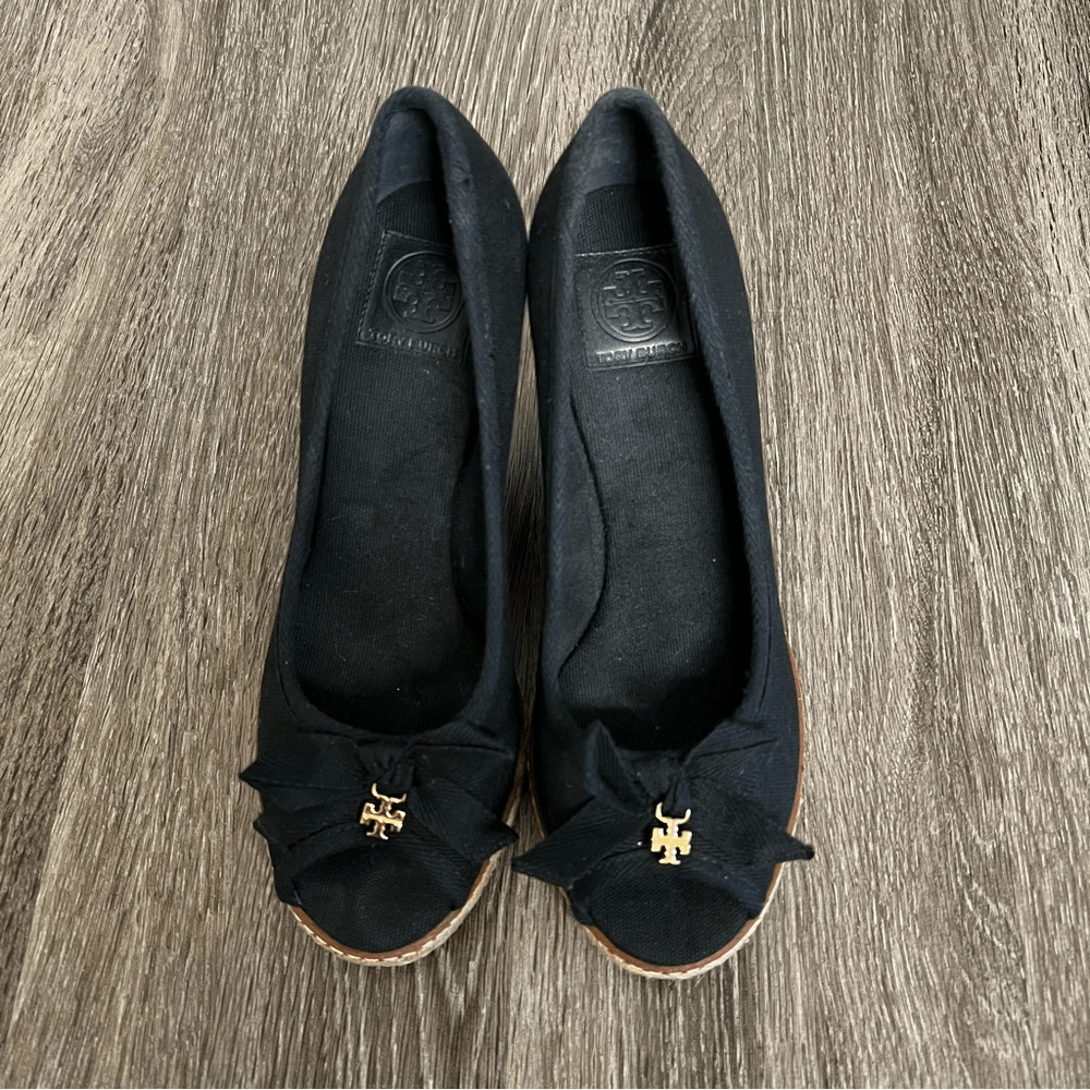 Tory Burch Jackie Peep-Toe Espadrille Wedge Shoes in Black Size 6,5