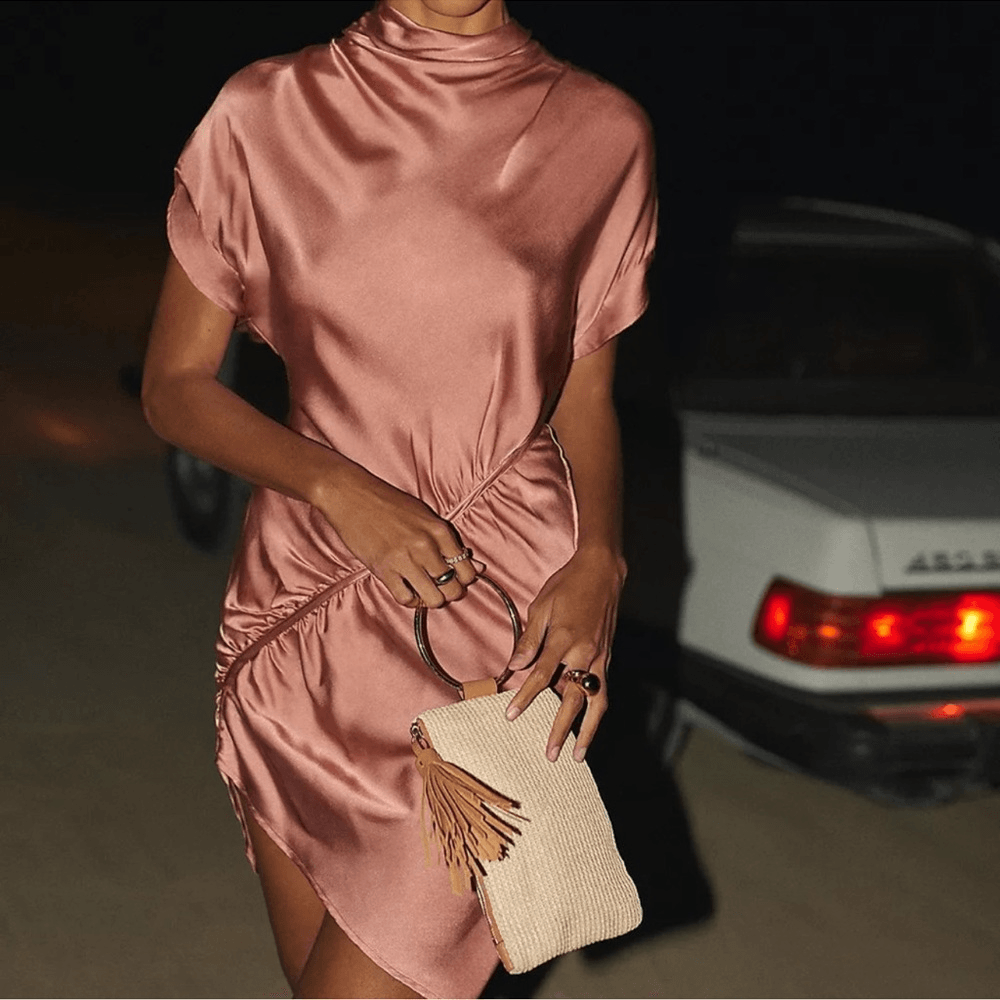 Anthropologie Ruched Asymmetrical Satin Mini Dress NEW Size 2 in Coral Pink