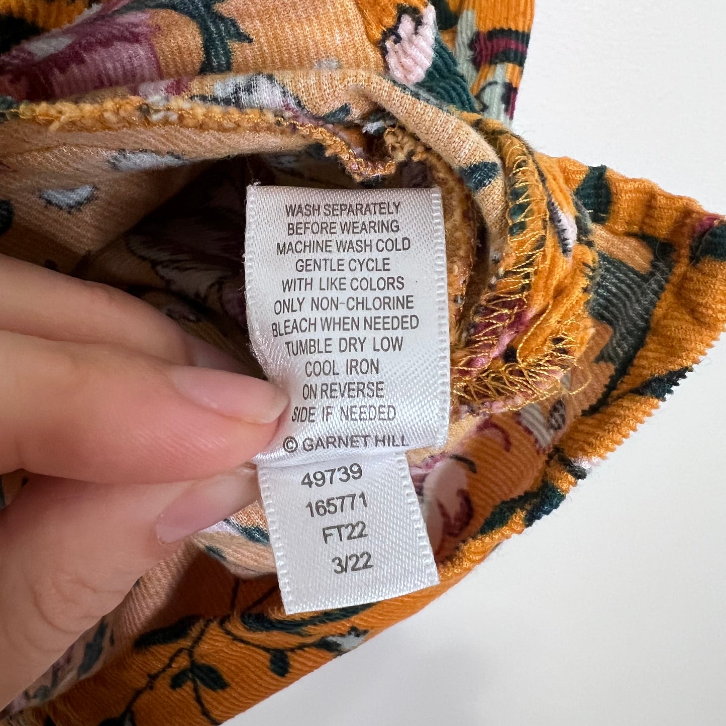 Garnet Hill Feather Wale Corduroy Floral Long Sleeve Tunic Mustard Yellow Small