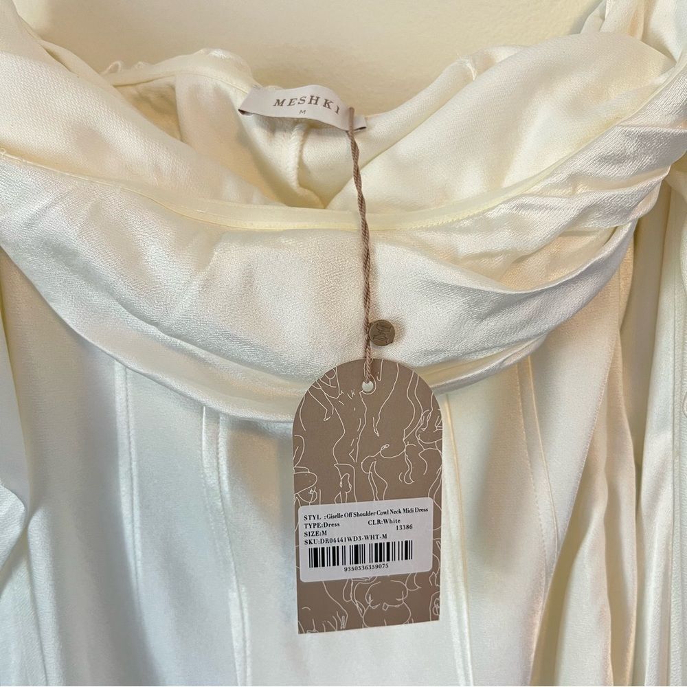 Meshki Giselle White Off the Shoulder Cowl Neck Satin Maxi Dress NEW Medium
