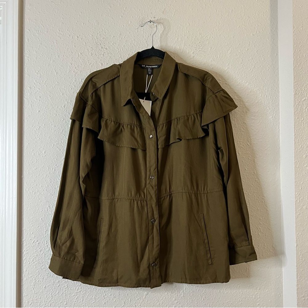 ZARA TRF OUTERWEAR Shacket Shirt Jacket Ruffle NEW Olive Green Size Large
