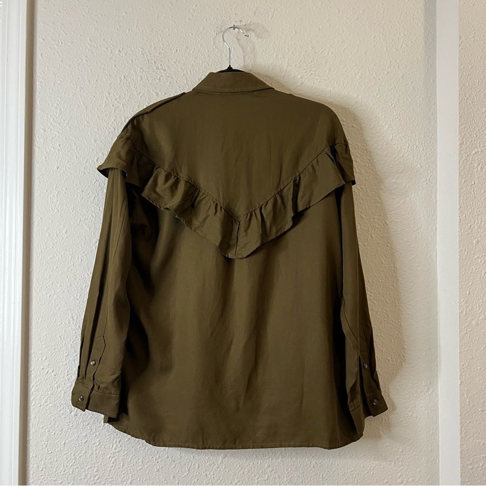 ZARA TRF OUTERWEAR Shacket Shirt Jacket Ruffle NEW Olive Green Size Large