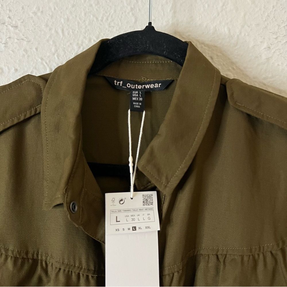 ZARA TRF OUTERWEAR Shacket Shirt Jacket Ruffle NEW Olive Green Size Large
