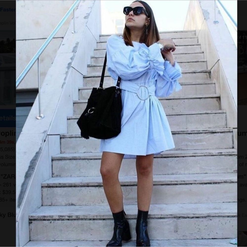 Zara Sky Blue Poplin Dress with Buckle Belt NEW Size Small Blogger Favorite