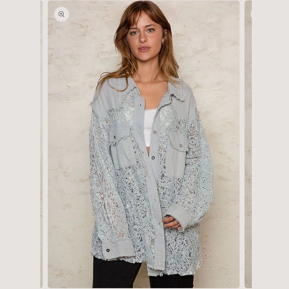 POL Oversized Lace Gauze Button Down Shirt Top Size Large