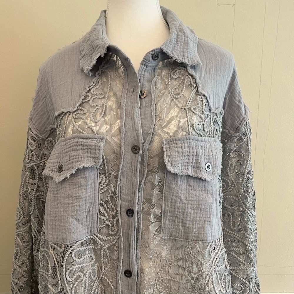 POL Oversized Lace Gauze Button Down Shirt Top Size Large
