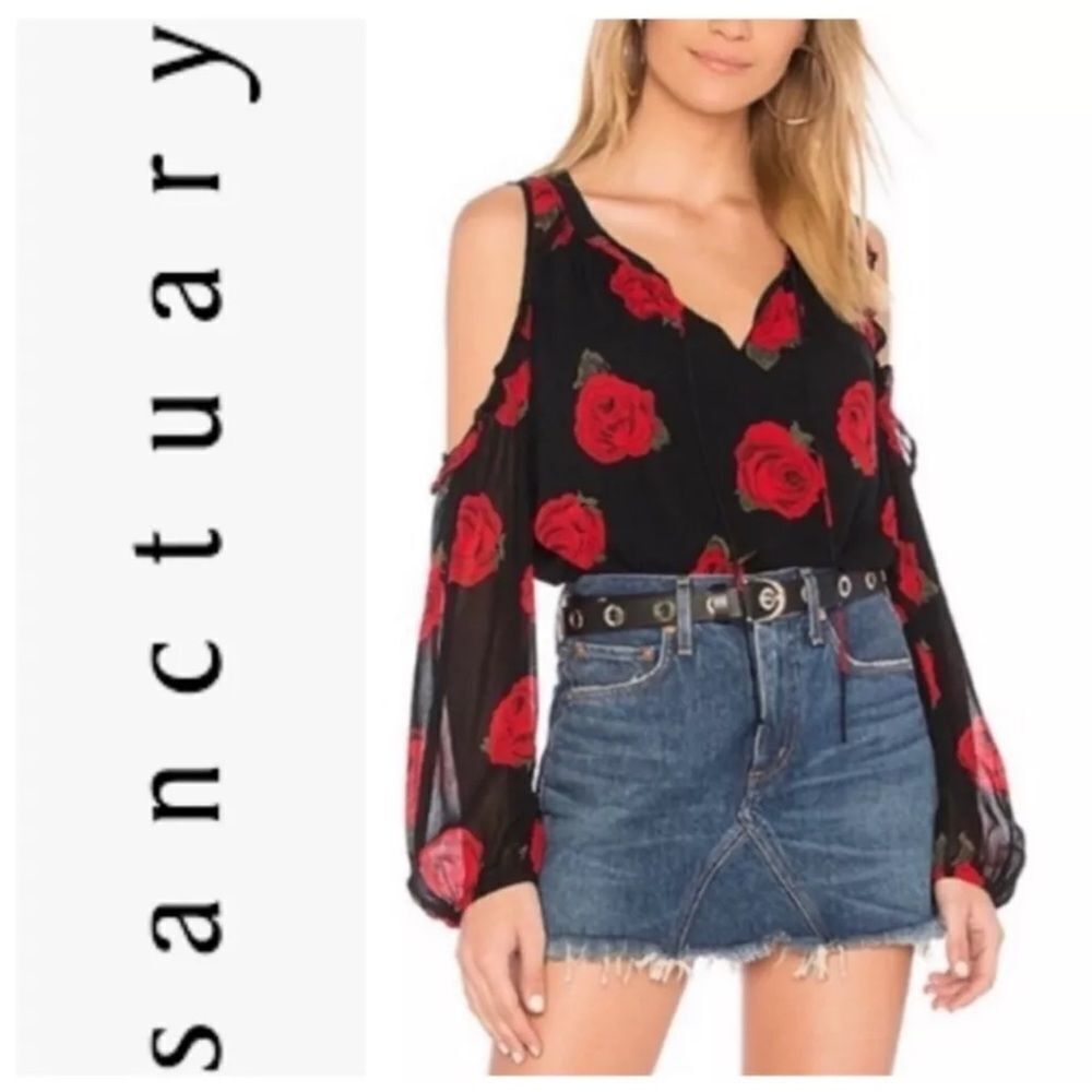 Sanctuary Cold Shoulder Rose Print Long Sleeve Blouse Black and Red Size Medium