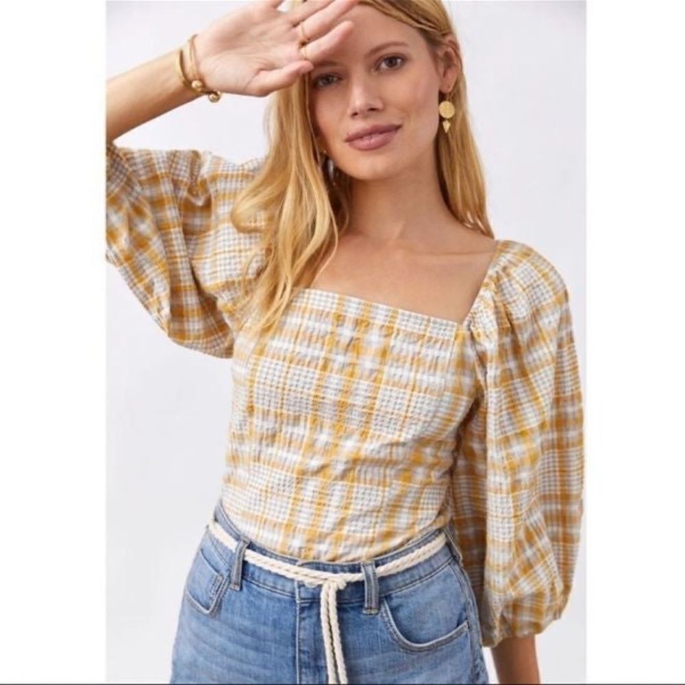 Anthropologie Maeve Plaid Square-Neck Blouse NEW Size Small