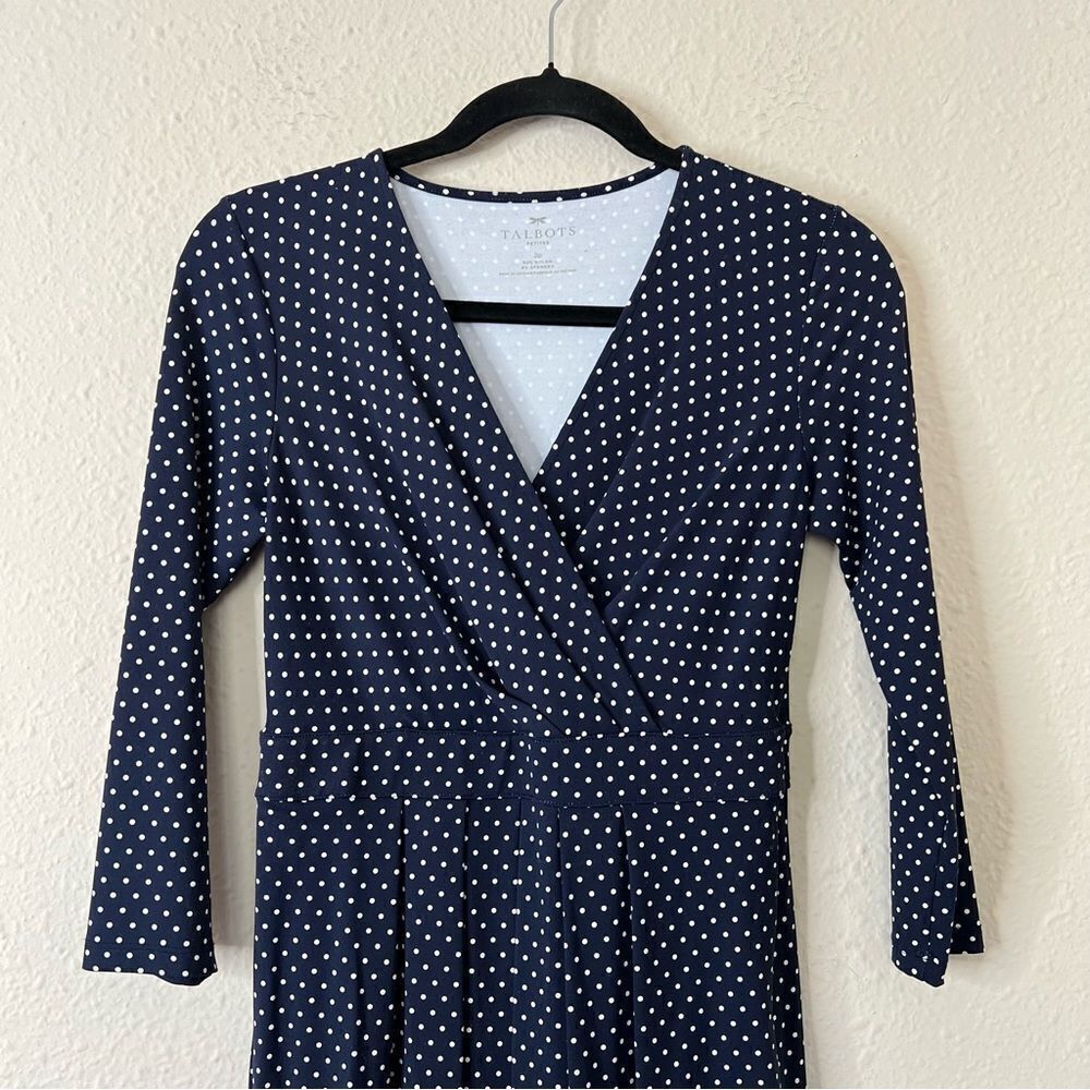 Talbots Polka Dot Faux Wrap Stretch Dress Size 2 Petites Navy Blue