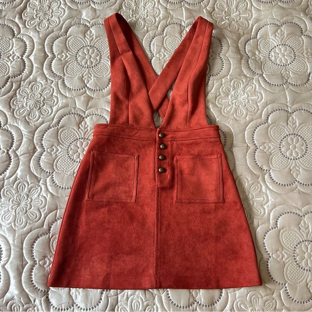 Faux Suede Pinafore Mini Dress in Rust Red Size Small