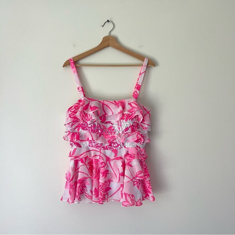 Lilly Pulitzer Olive Ruffle Tiered Top Size 8 Pink Floral Sleeveless