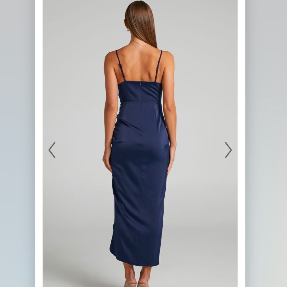 Showpo Lieselotte Midi Dress Ruched Front Split Cowl Neck Satin NEW Navy Blue 14