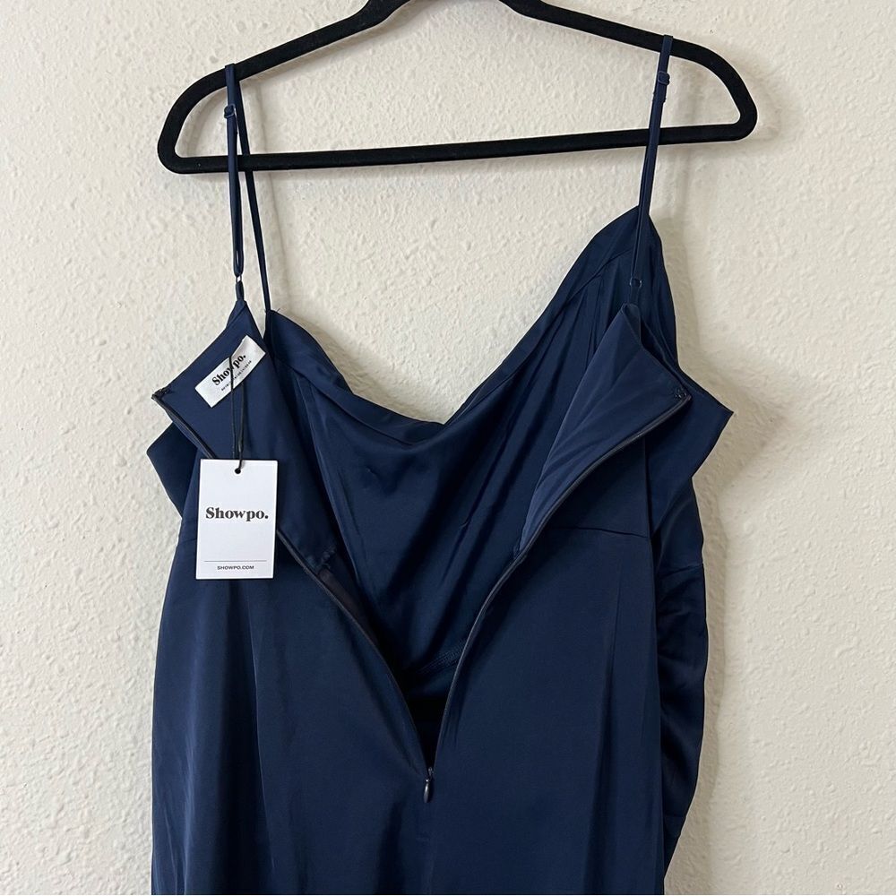 Showpo Lieselotte Midi Dress Ruched Front Split Cowl Neck Satin NEW Navy Blue 14