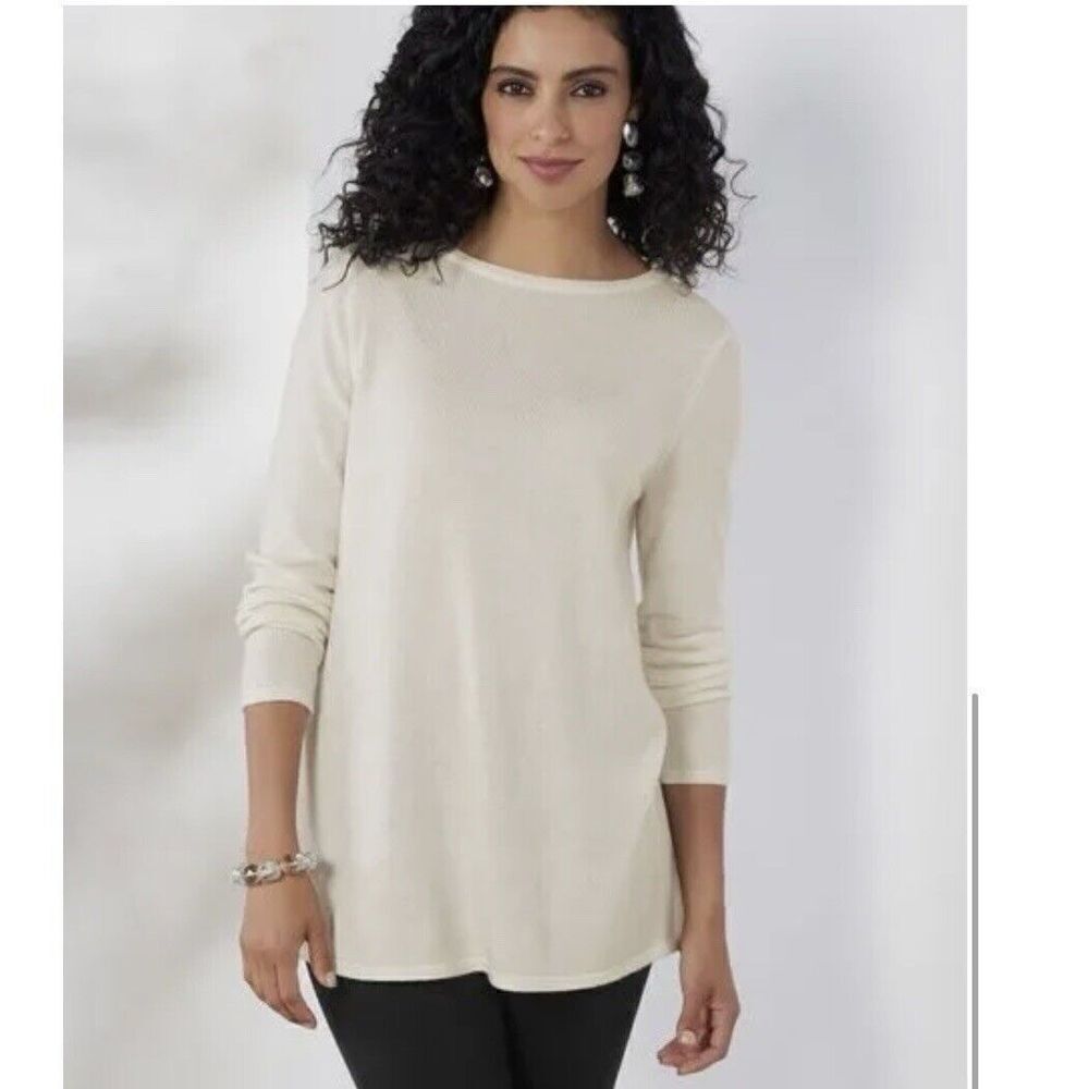 Soft Surroundings Pleated Back Ecru Ivory Reserva Sweater Tunic Wool Medium