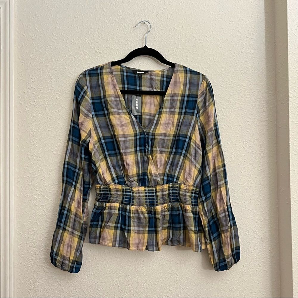 Express Plaid Surplice Peplum Top Blouse NEW Size Medium