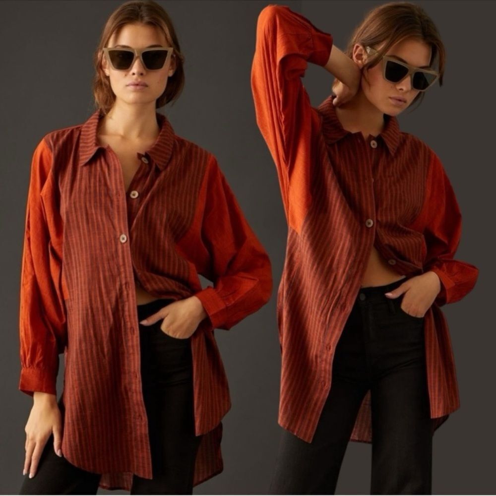 Anthropologie Oversized Button Down Tunic Shirt Lightweight Rust Brown Small