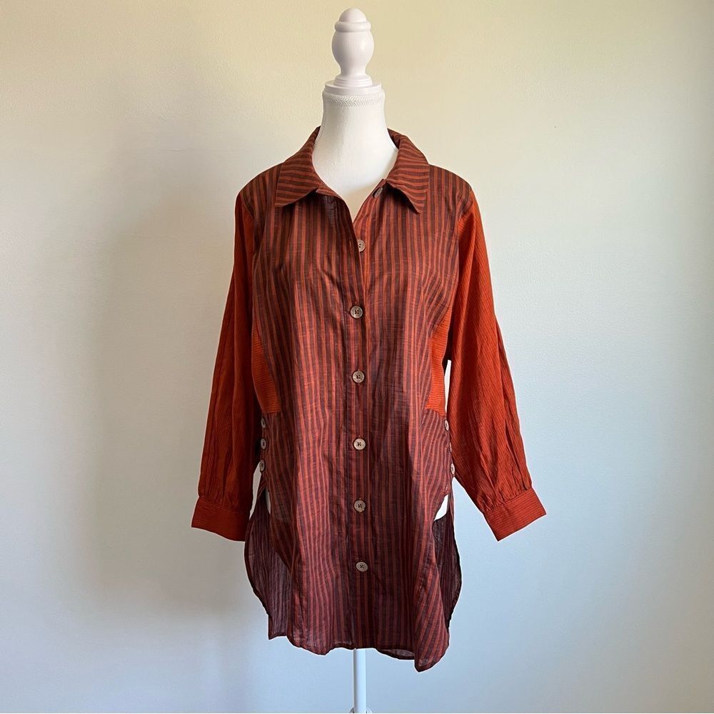Anthropologie Oversized Button Down Tunic Shirt Lightweight Rust Brown Small