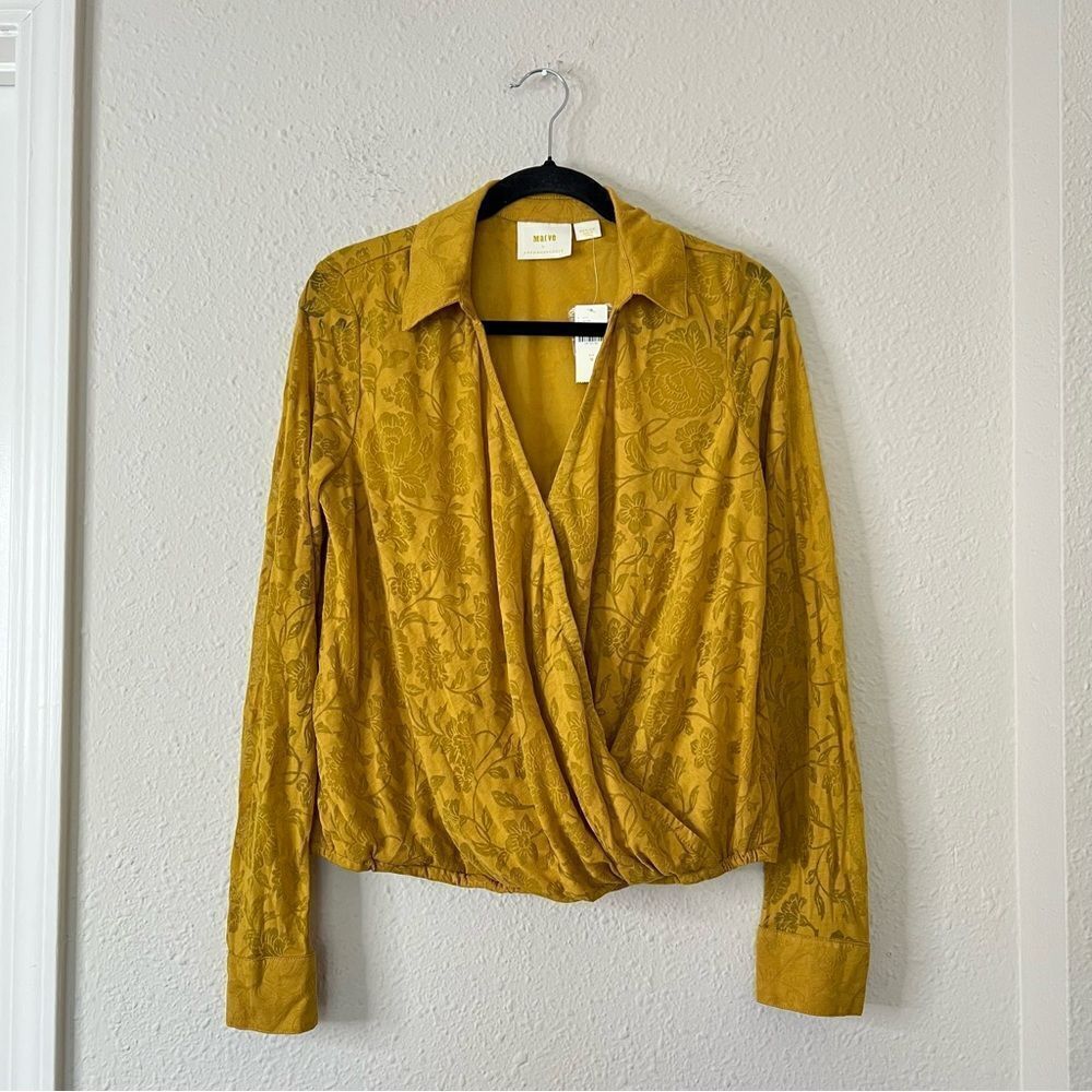 Anthropologie Maeve Lydia Gold Floral Burnout Wrap Blouse NEW Size Medium