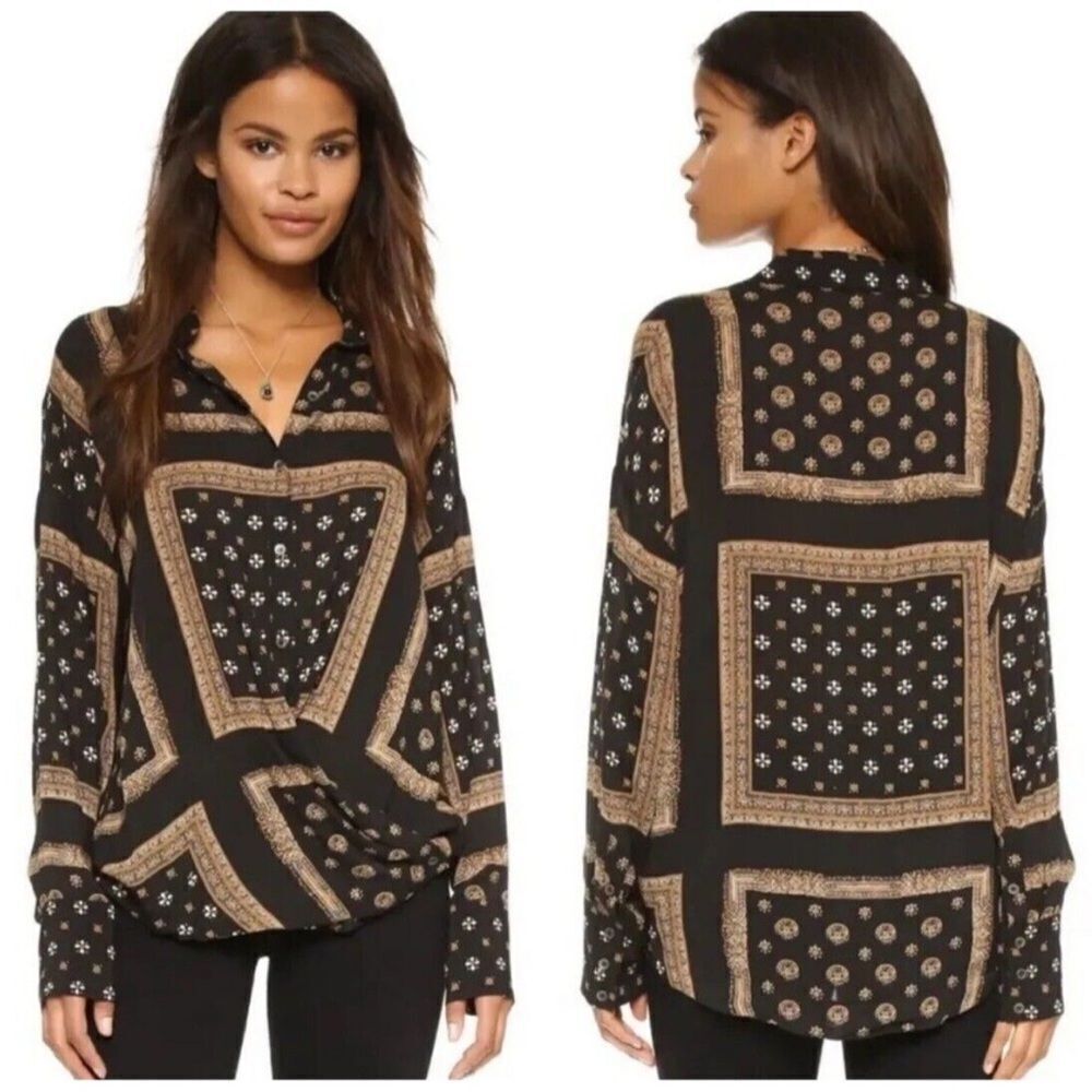 Free People Little Secrets Scarf Print Button Up Shirt Blouse Size Small