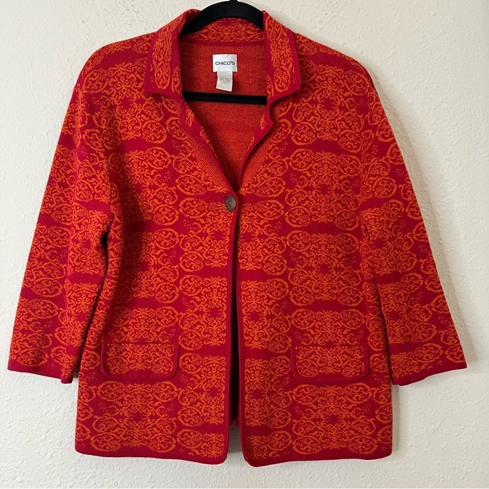 Chico's Wool Blend Knit Blazer Printed Cardigan Size 1