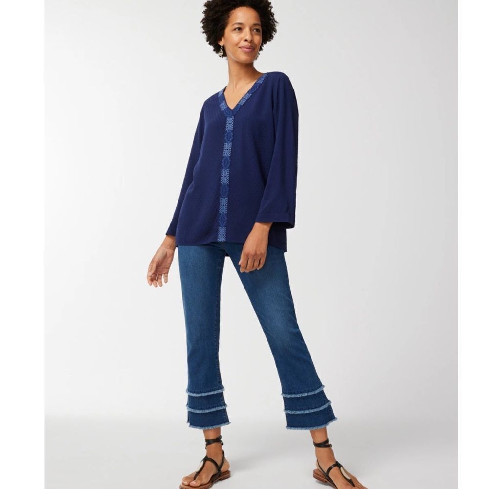 Chico's Trimmed Bell-Sleeve Popover Navy Blue Blouse Top Size 1, US Size Medium