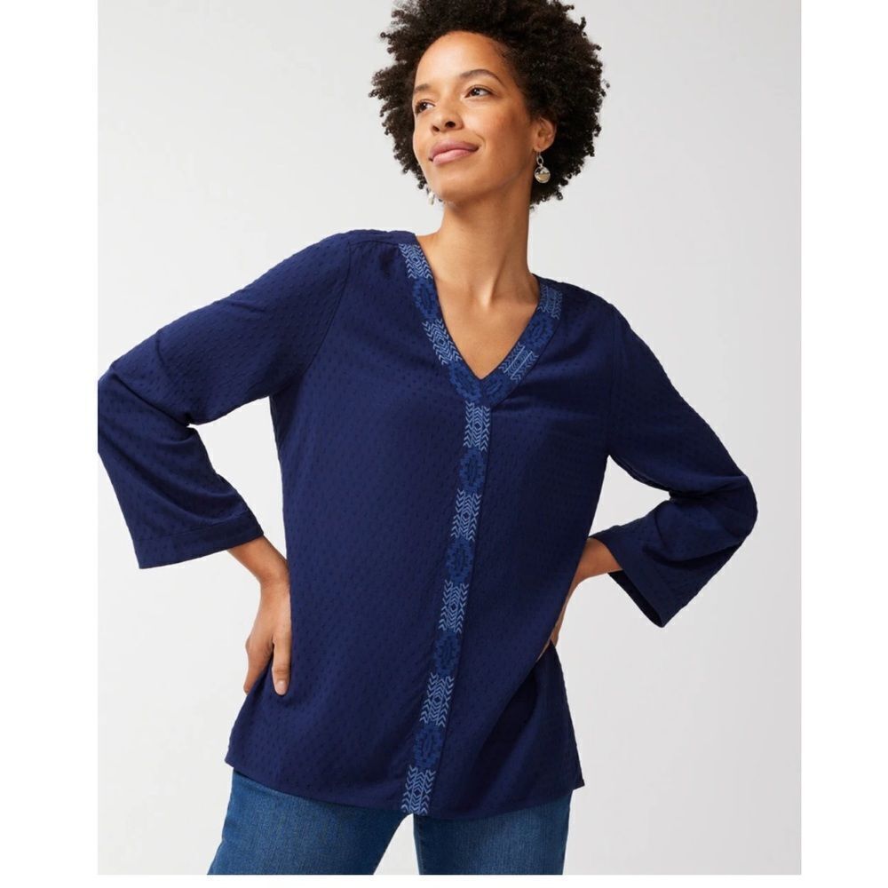 Chico's Trimmed Bell-Sleeve Popover Navy Blue Blouse Top Size 1, US Size Medium
