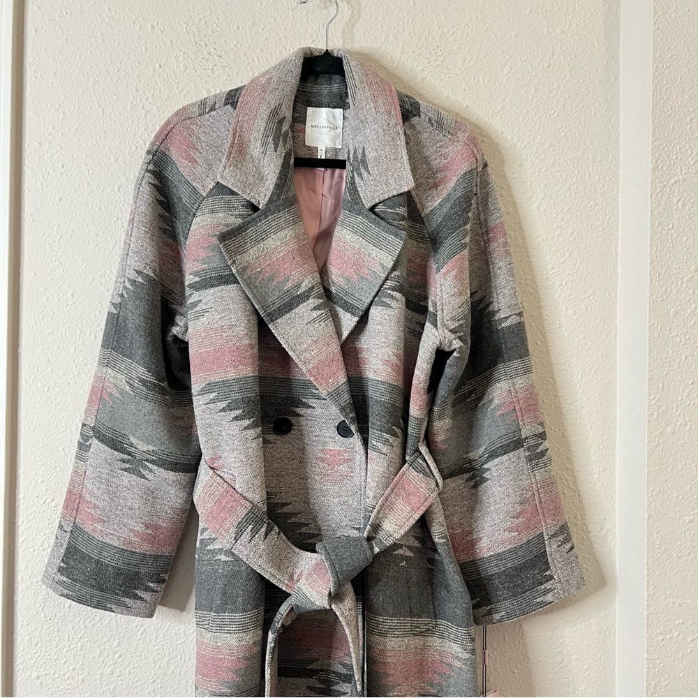 Avec Les Filles Wool Blend Belted Blanket Walking Coat Grey Aztec NEW Size 2XL