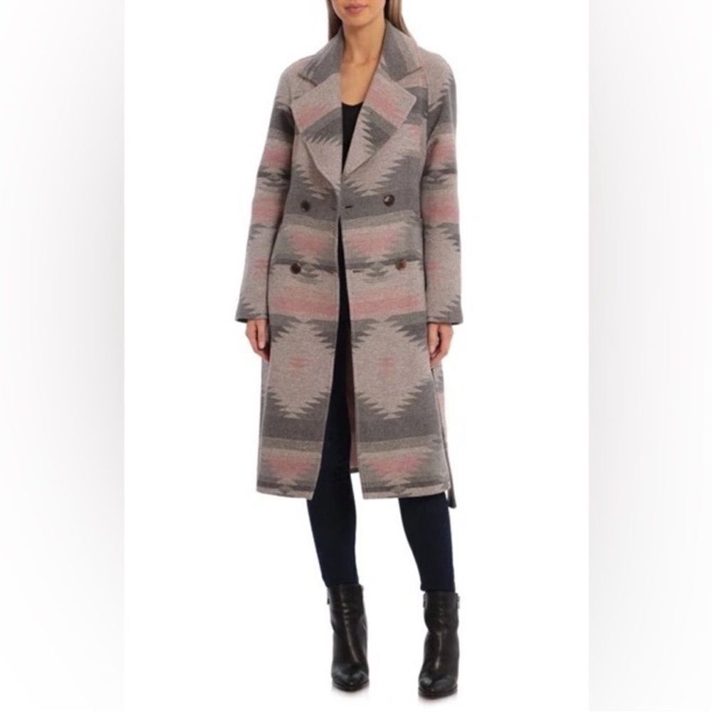 Avec Les Filles Wool Blend Belted Blanket Walking Coat Grey Aztec NEW Size 2XL