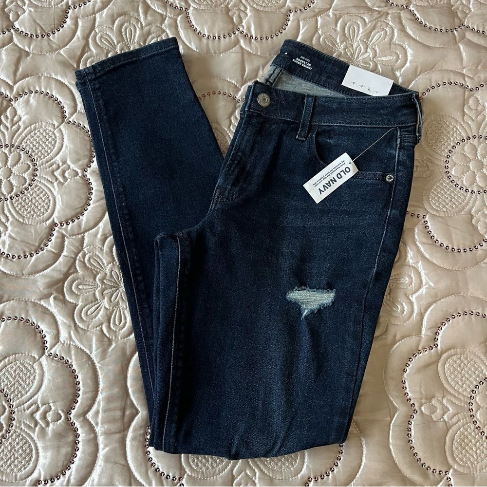 Old Navy Mid-Rise Rockstar Super-Skinny Distressed Dark Wash Jeans NEW Size 4