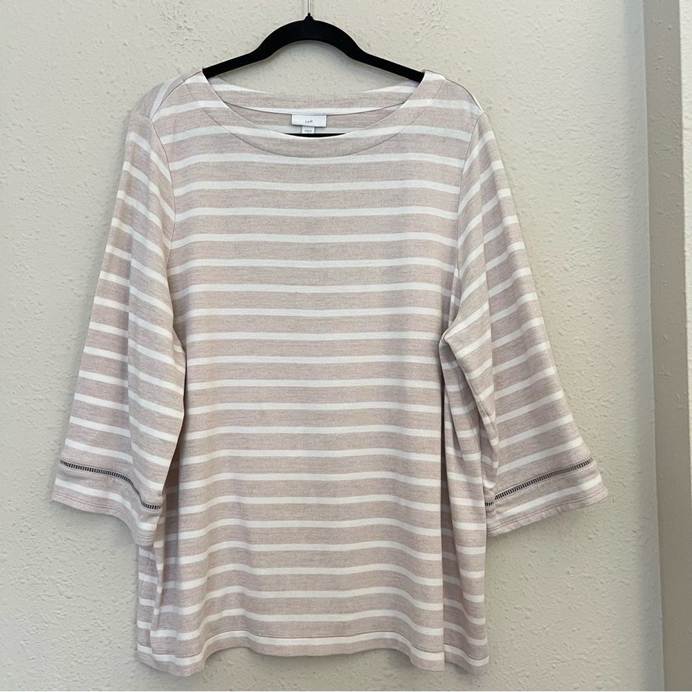 J.Jill Striped Knit Top Size XL Boat Neck 3/4 Sleeve Cream Neutral