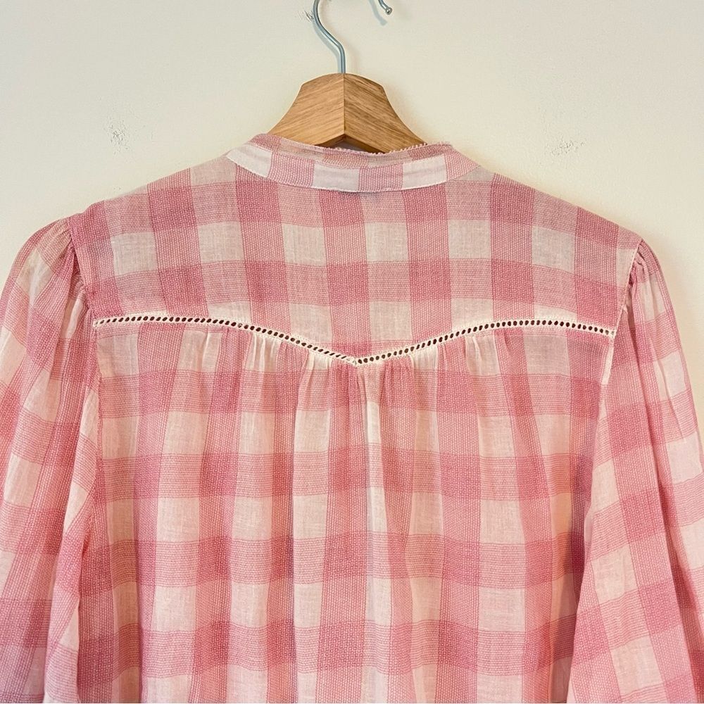 Sundance Risette Pink White Gingham Button Down Tie Sleeve Top Size XS