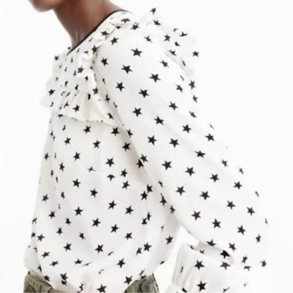 J. Crew Long Sleeve Silk Blouse Top Size 6 Off White Star Printed Ruffle