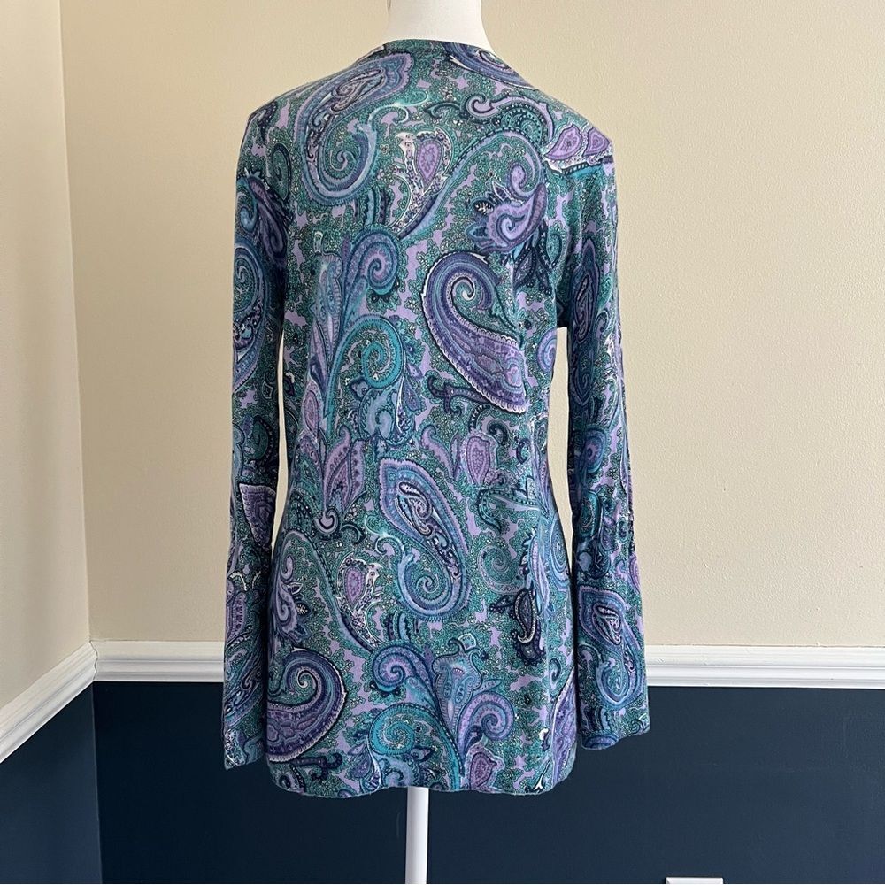 Talbots Merino Wool Sweater Top Medium Blue Purple Paisley Bell Sleeves