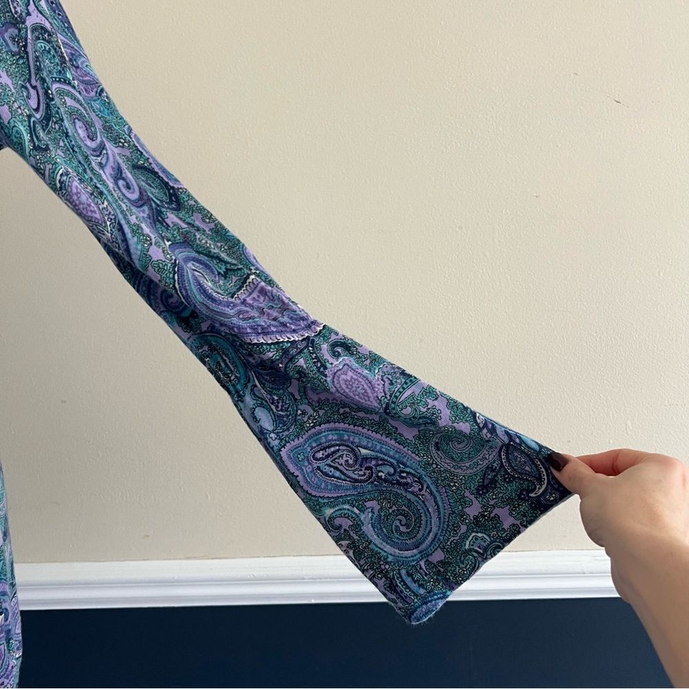 Talbots Merino Wool Sweater Top Medium Blue Purple Paisley Bell Sleeves