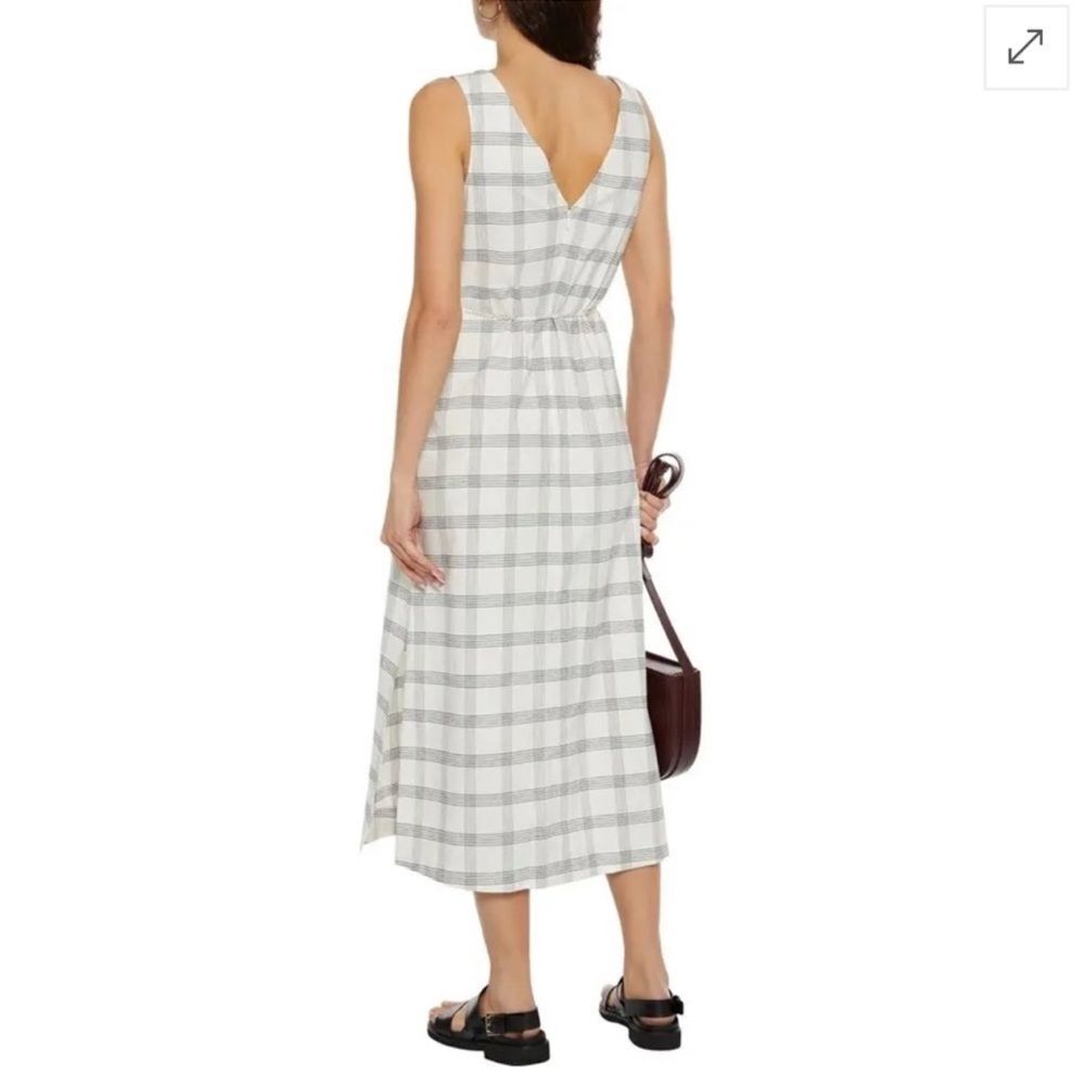 Theory Deep V Linen Blend Spring Plaid Midi Dress Size Medium in Ivory